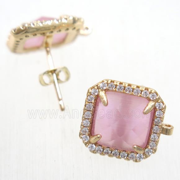 copper square earring studs paved zircon with pink crystal glass, gold plated
