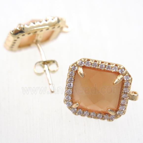 copper square earring studs paved zircon with crystal glass, gold plated