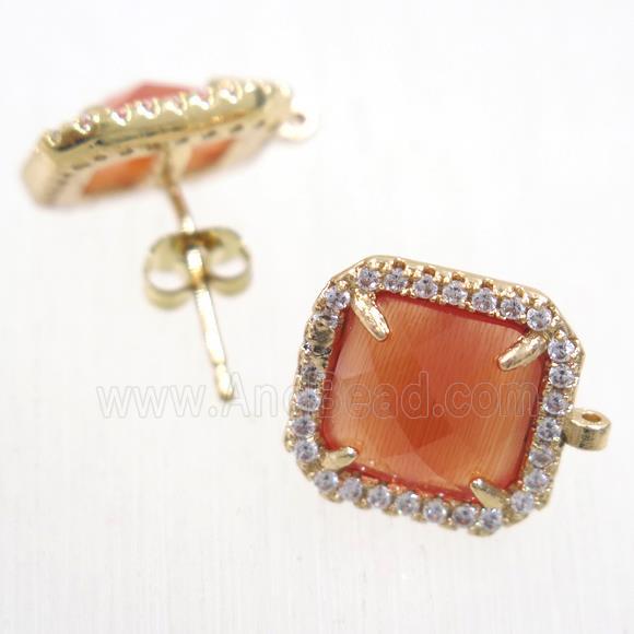 copper square earring studs paved zircon with orange crystal glass, gold plated