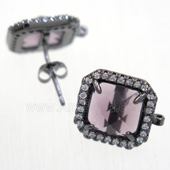 copper square earring studs paved zircon with purple crystal glass, black plated