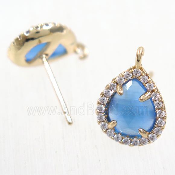 copper teardrop earring studs paved zircon with blue crystal glass, gold plated