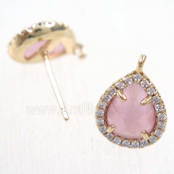 copper teardrop earring studs paved zircon with pink crystal glass, gold plated
