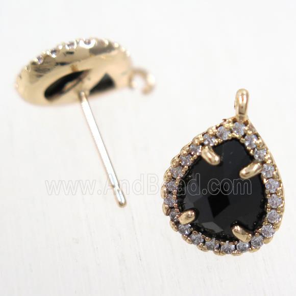 copper teardrop earring studs paved zircon with black crystal glass, gold plated