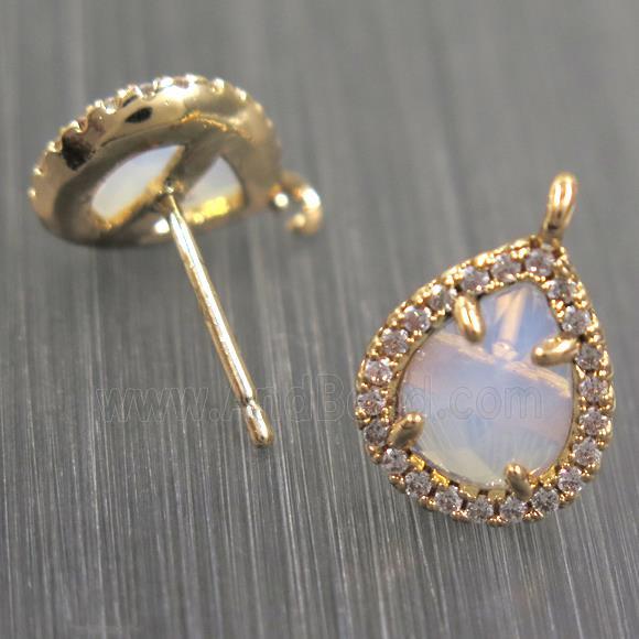 copper teardrop earring studs paved zircon with white opalite crystal glass, gold plated