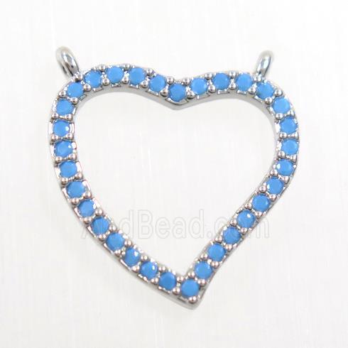 copper heart pendant paved zircon with 2loops, turq, platinum plated
