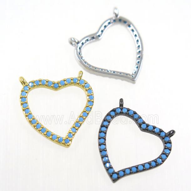 copper heart pendant paved zircon with 2loops, turq, mix color