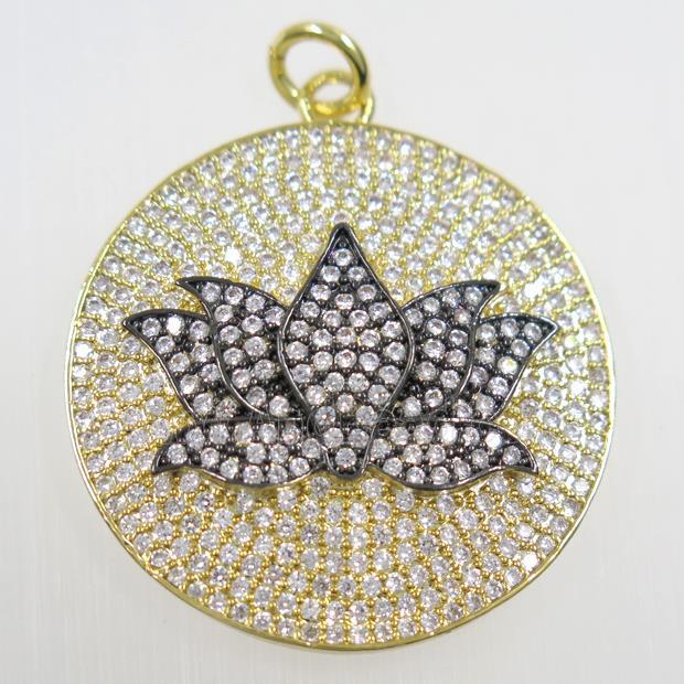 copper button Lotus pendant paved zircon, gold plated