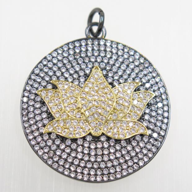 copper button Lotus pendant paved zircon, black plated