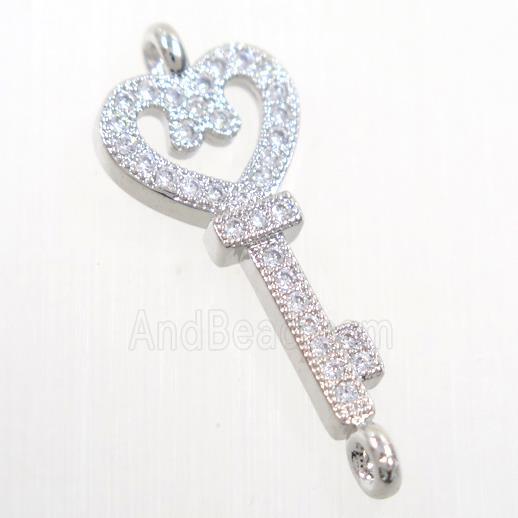 copper Key connector paved zircon, platinum plated