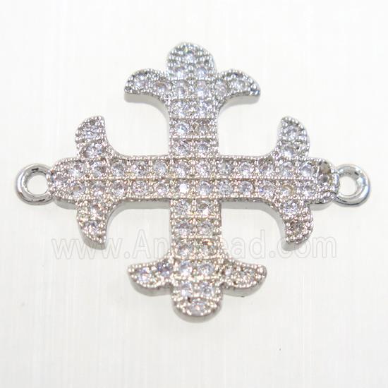 copper Cross connector paved zircon, platinum plated