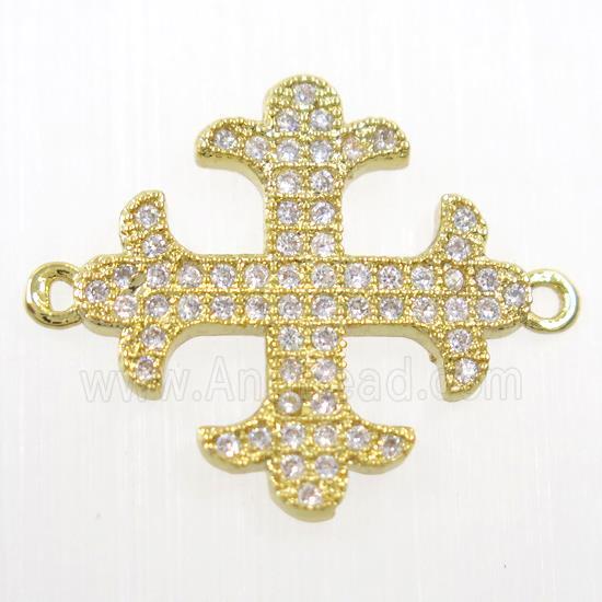 copper Cross connector paved zircon, gold plated