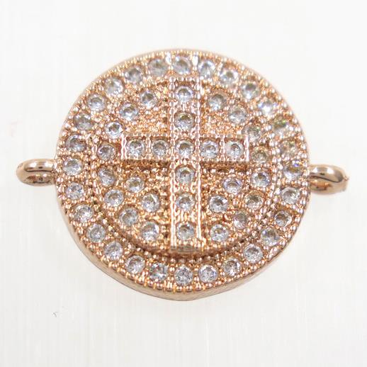copper button cross connector paved zircon, rose gold