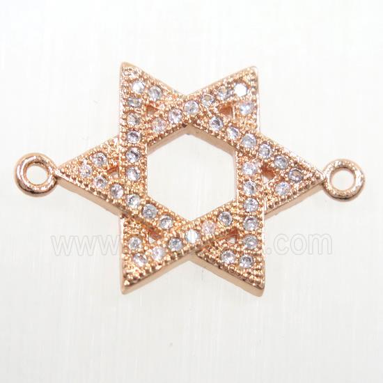 copper david star connector paved zircon, rose gold