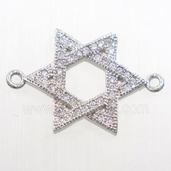 copper david star connector paved zircon, platinum plated