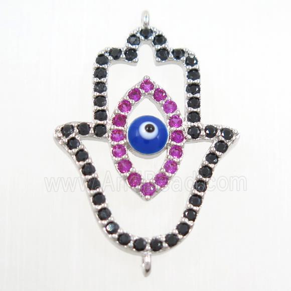 copper HamsaHand connector paved zircon, evil eye, platinum plated