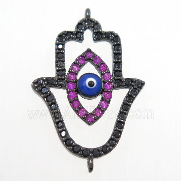 copper HamsaHand connector paved zircon, evil eye, black plated