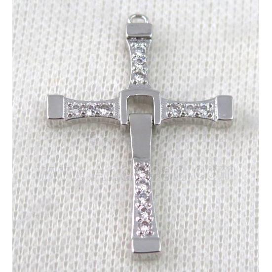 copper pendant pave zircon, cross, platinum plated