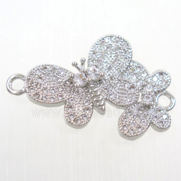 copper Butterfly connector paved zircon, platinum plated