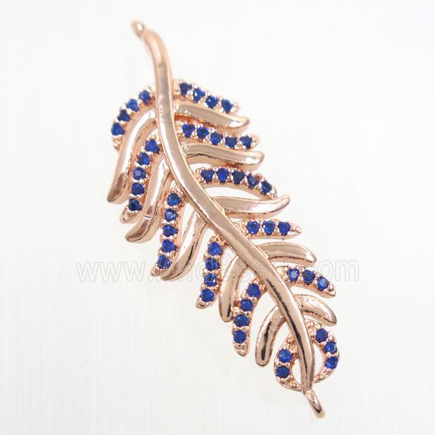 copper Leaf connector paved blue zircon, rose gold