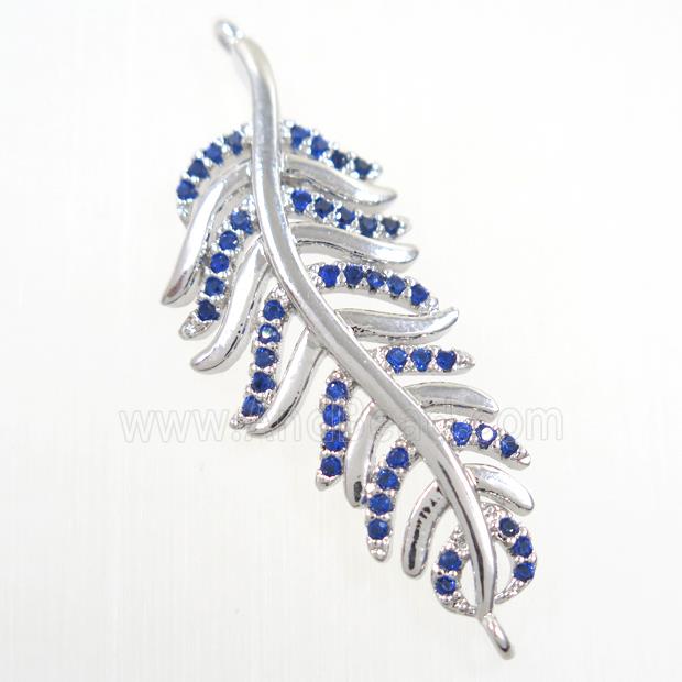 copper Leaf connector paved blue zircon, platinum plated