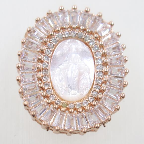 copper pendant paved zircon, shell Jesus, rose gold