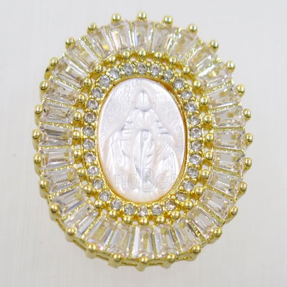 copper pendant paved zircon, shell Jesus, gold plated