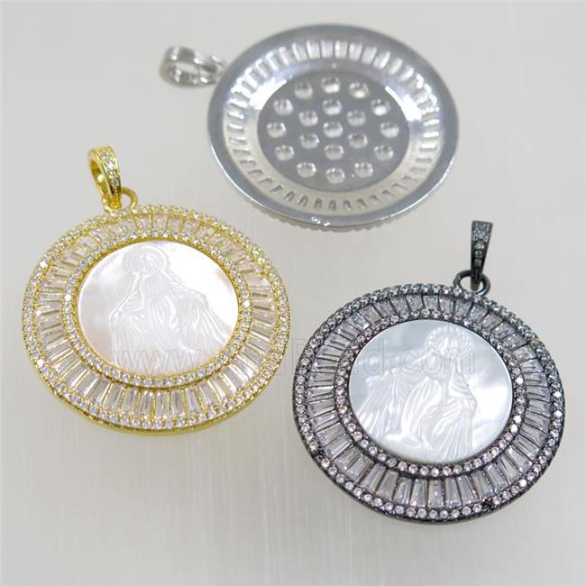 copper circle pendant paved zircon, shell Jesus, mix color