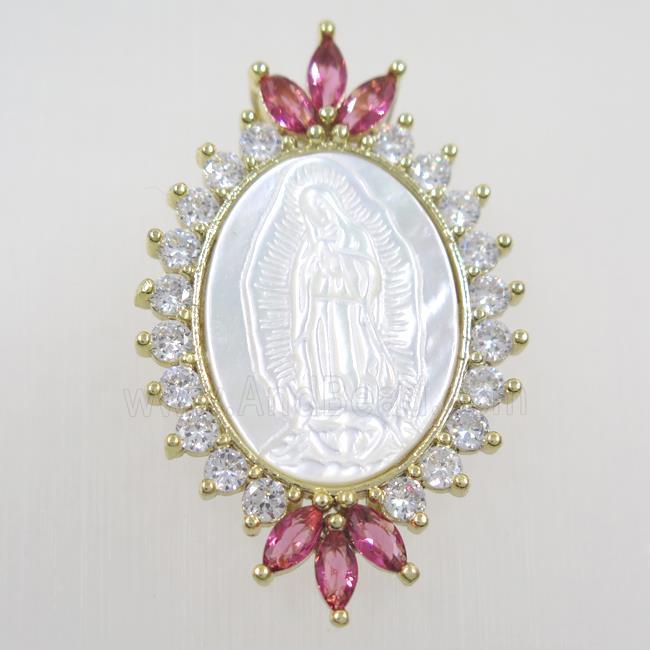 copper pendant paved zircon, shell Jesus, gold plated