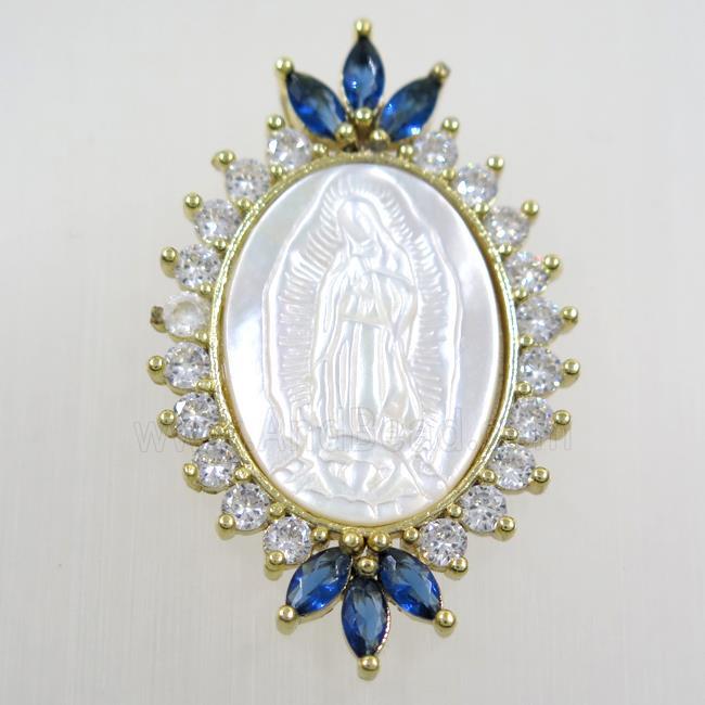 copper oval pendant paved zircon, shell Jesus, gold plated
