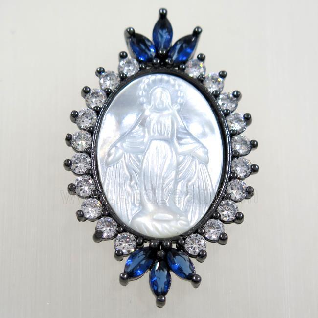 copper oval pendant paved zircon, shell Jesus, black plated