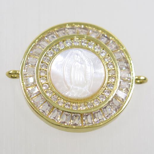 copper circle connector paved zircon, shell Jesus, gold plated