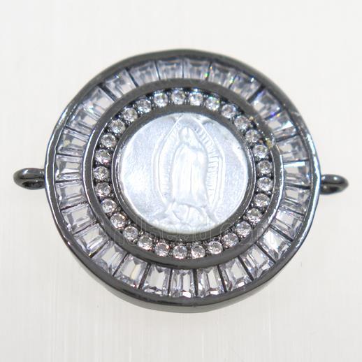 copper circle connector paved zircon, shell Jesus, black plated