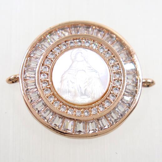 copper circle connector paved zircon, shell Jesus, rose gold
