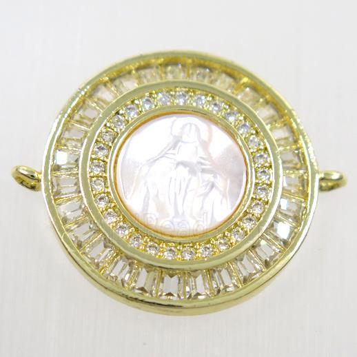 copper circle connector paved zircon, shell Jesus, gold plated