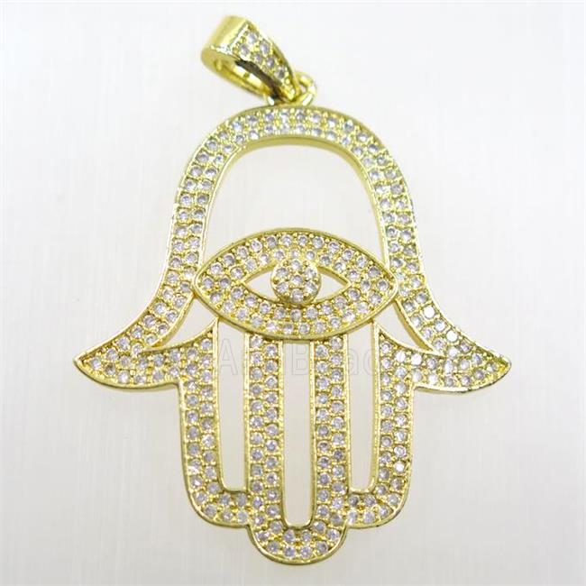 copper Hamsa Hand pendant paved zircon, gold plated
