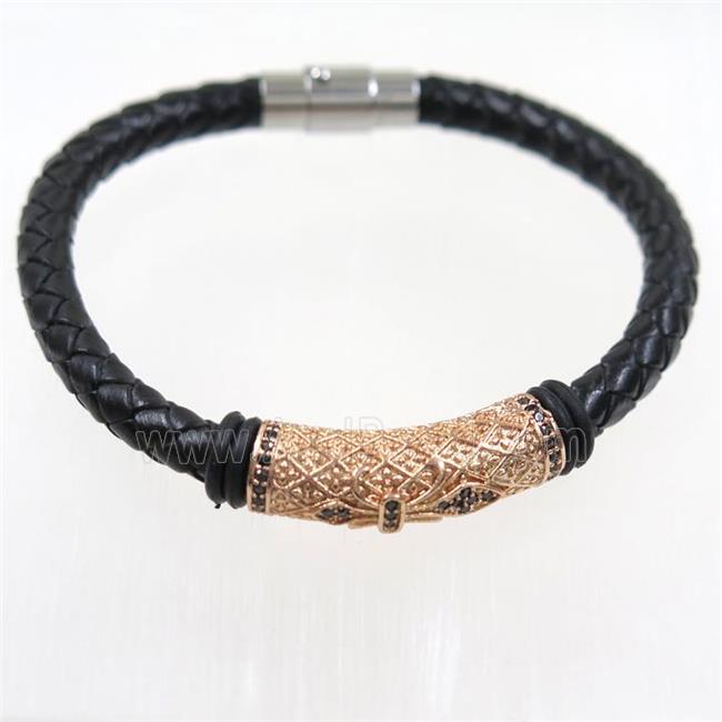 black PU leather cuff bracelet with copper beads pave zircon