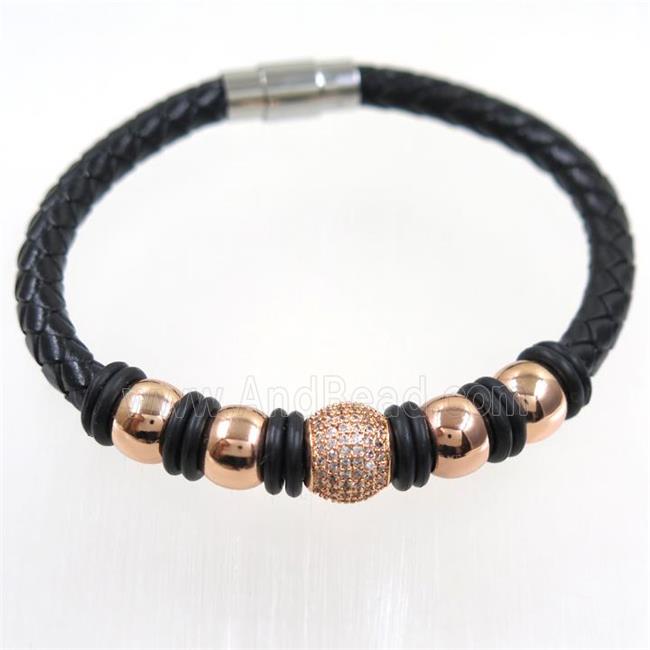 black PU leather cuff bracelet with copper beads pave zircon