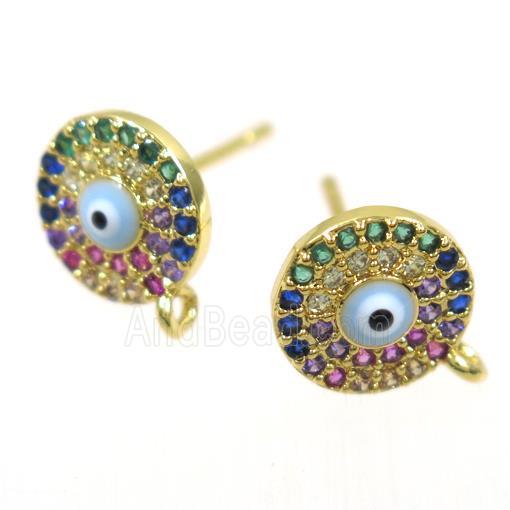 copper Earring Studs paved zircon, evil eye, gold plated