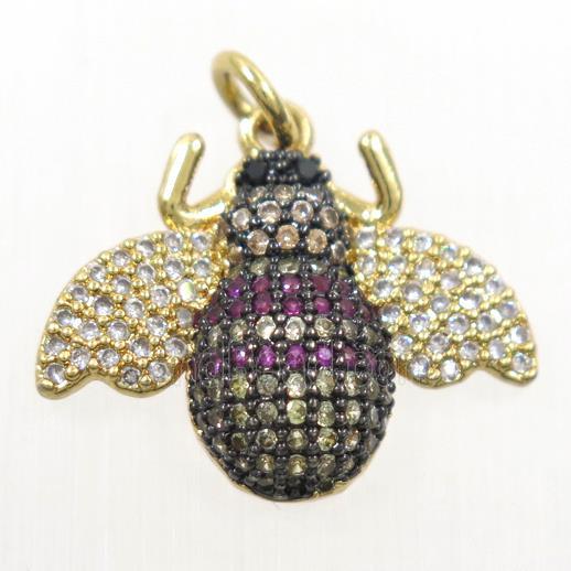 copper Honeybee charm pendant paved zircon, gold plated