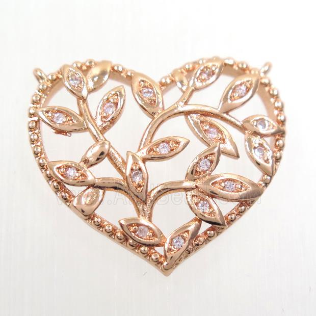 copper pendants paved zircon with 2loops, heart, rose gold
