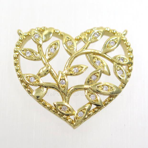 copper pendants paved zircon with 2loops, heart, gold plated