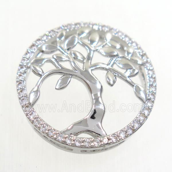copper pendant paved zircon, circle, Tree of life, platinum plated