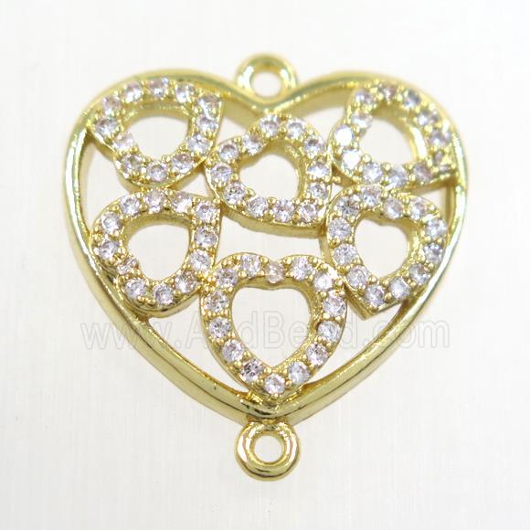 copper connector paved zircon, heart, gold plated