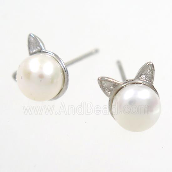 copper earring studs paved zircon, pearl