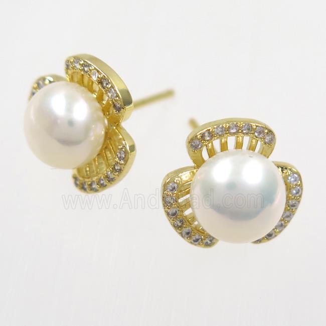 copper earring studs paved zircon, pearl
