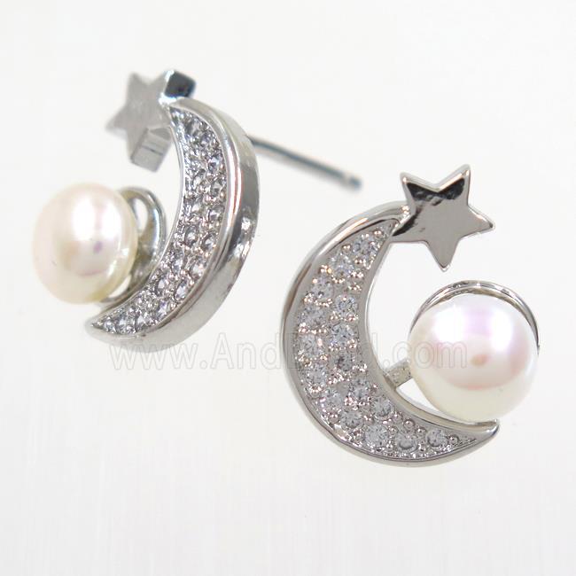 copper earring studs paved zircon, pearl