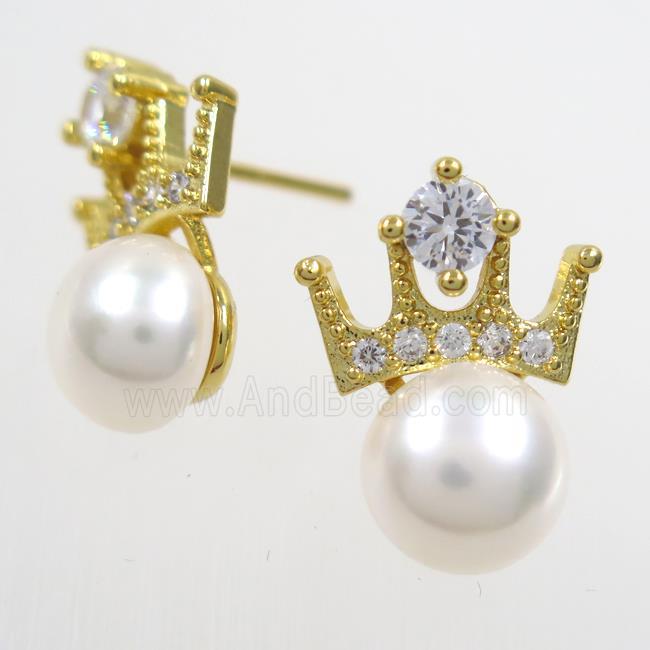 copper earring studs paved zircon, pearl