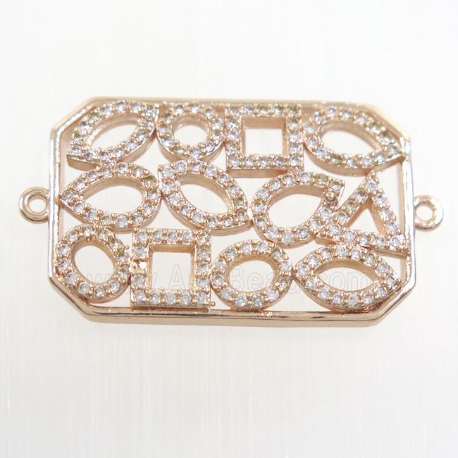 copper connector paved zircon, rectangle, rose gold