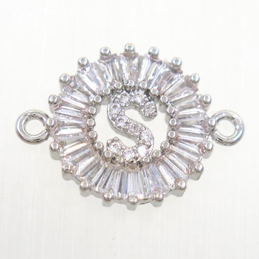 copper alphabet connector paved zircon, platinum plated