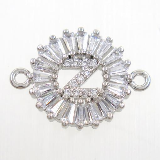 copper alphabet connector paved zircon, platinum plated